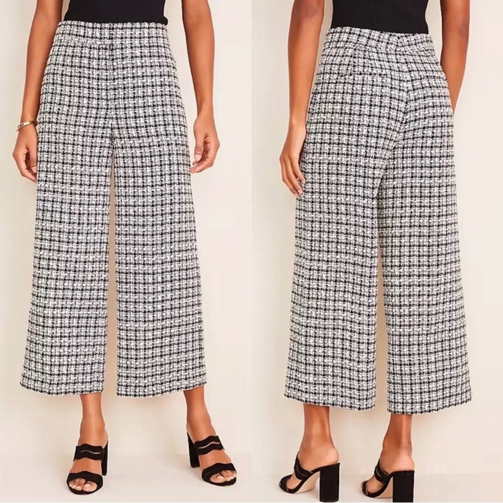 Ann Taylor Tweed Wide-Leg Houndstooth Cropped Pants - Black & White